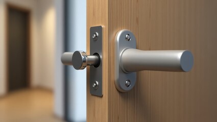 Obraz premium Modern door. Modern silver door handle on wooden door close-up, interi