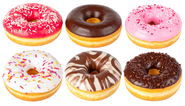 Delicious assorted donuts featuring vibrant colors and toppings, including sprinkles and chocolate glaze, perfect for sweet treat or dessert