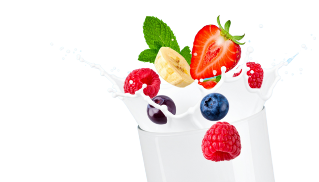 Fresh milk splashes with vibrant fruits like strawberries, bananas, blueberries, and raspberries, creating lively and refreshing scene that evokes sense of joy and vitality