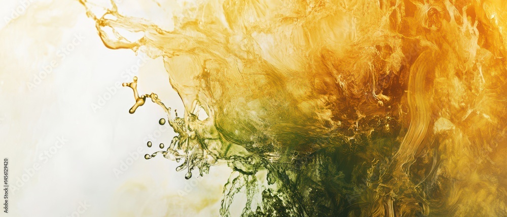 Poster abstract golden liquid splash with green undertones, creating dynamic movement and flow concept of e