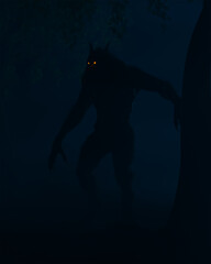 Digital Illustration of a Werewolf Dogman cryptid in a foggy forest at night