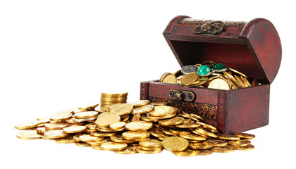 Treasure chest filled with gold coins, some spilling out onto surface, creating sense of wealth and adventure. chest has intricate designs and few gemstones, enhancing its allure