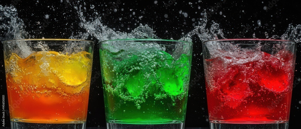 Poster three colorful fizzy drinks with ice cubes splashing in glasses on a black background concept of ref