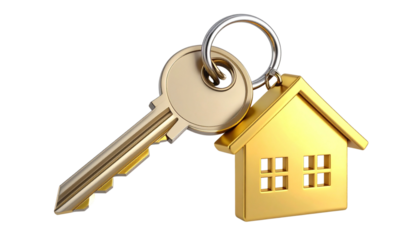 golden key and house keychain symbolize home ownership and security, representing dream of owning home. This evokes feelings of warmth and stability