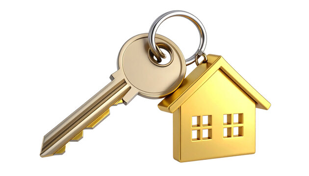 golden key and house keychain symbolize home ownership and security, representing dream of owning home. This evokes feelings of warmth and stability