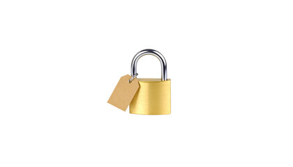 shiny gold padlock with silver shackle and blank tag attached, symbolizing security and protection. This evokes sense of safety and confidentiality