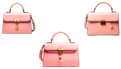 Stylish pink handbags with elegant gold accents and decorative charms, perfect for adding touch of sophistication to any outfit. These bags are versatile and ideal for various occasions