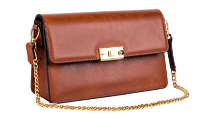 stylish brown leather handbag featuring gold clasp and chain strap, perfect for adding elegance to any outfit. This versatile accessory is ideal for both casual and formal occasions