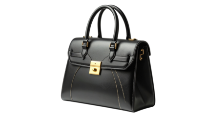 stylish black handbag with structured design, featuring gold accents and secure clasp. This elegant accessory is perfect for adding touch of sophistication to any outfit