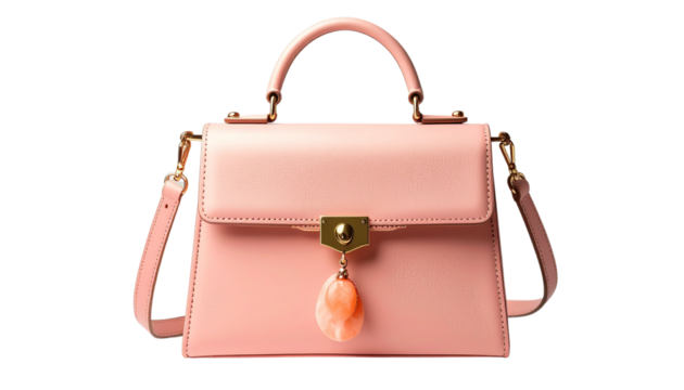 stylish pink handbag featuring sleek design and decorative charm. This elegant accessory is perfect for adding touch of sophistication to any outfit