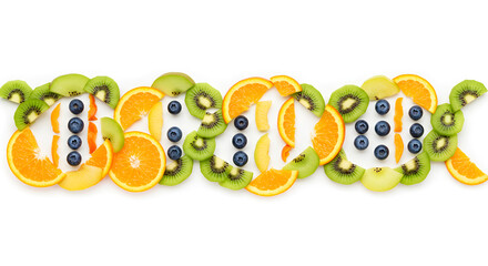 Obraz premium Vibrant Fruity Composition Of Orange Kiwi And Blueberries On White Backdrop