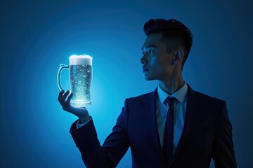 Young Asian. Businessman portrait. Holding beer. Glass filled. Blue neon. Studio shot. Successful concept. Corporate image. Beverage advertising. Nightlife background. Party mood. Men's lifestyle. El