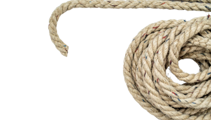 Natural fiber rope is coiled and twisted, showcasing its texture and strength. rope features colorful flecks, adding visual interest. Ideal for various applications, it evokes sense of durability