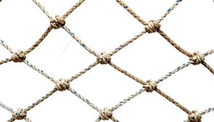 close up view of sturdy rope net, showcasing intricate knots and woven pattern. natural fibers and blue accents add texture and depth, making it suitable for various applications