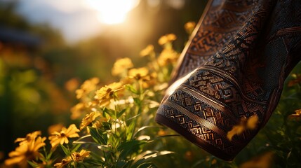 Traditional Kuba cloth on golden marigolds, celebrating Congo's cultural heritage.
