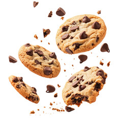 Flying Chocolate Chip Cookies with Crumbs Isolated on White Background