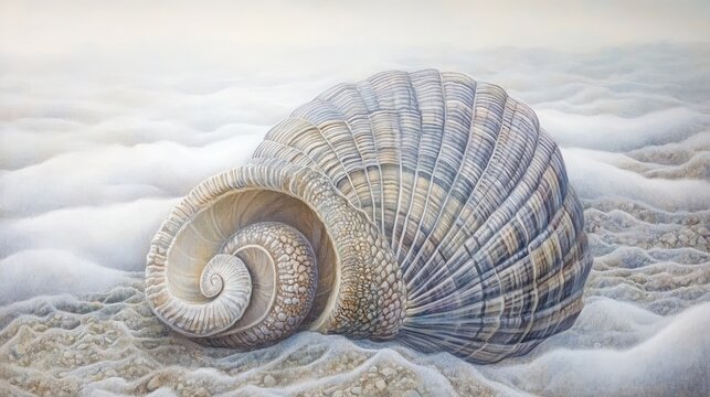 Detailed seashell resting on a light sand surface.