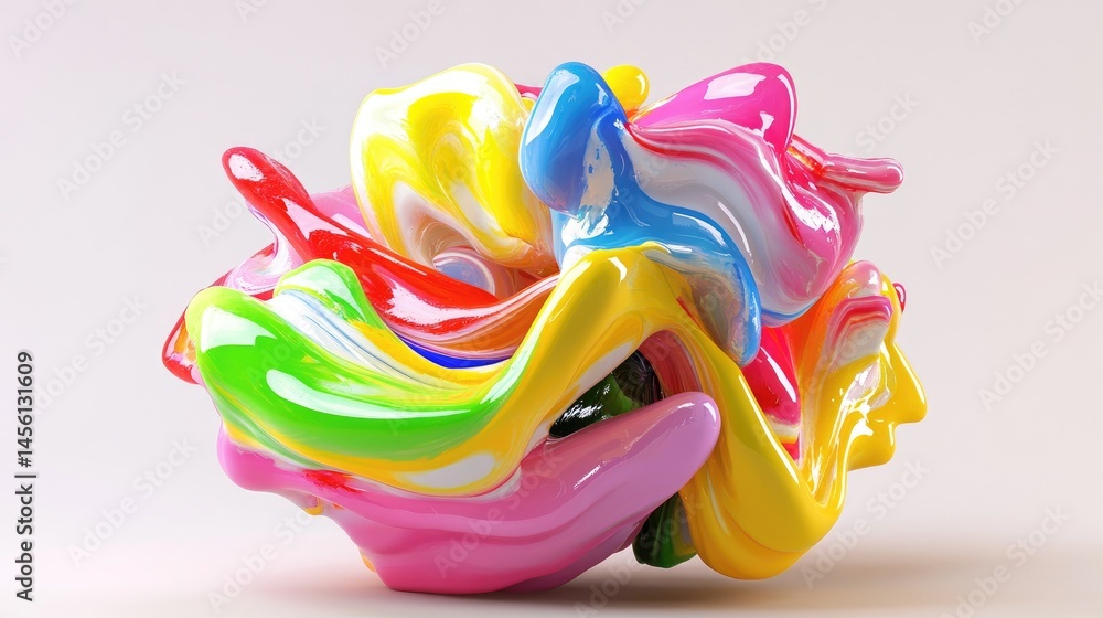 Poster Liquid art splash shaped into complex 3D form, vivid color palette with soft shadows