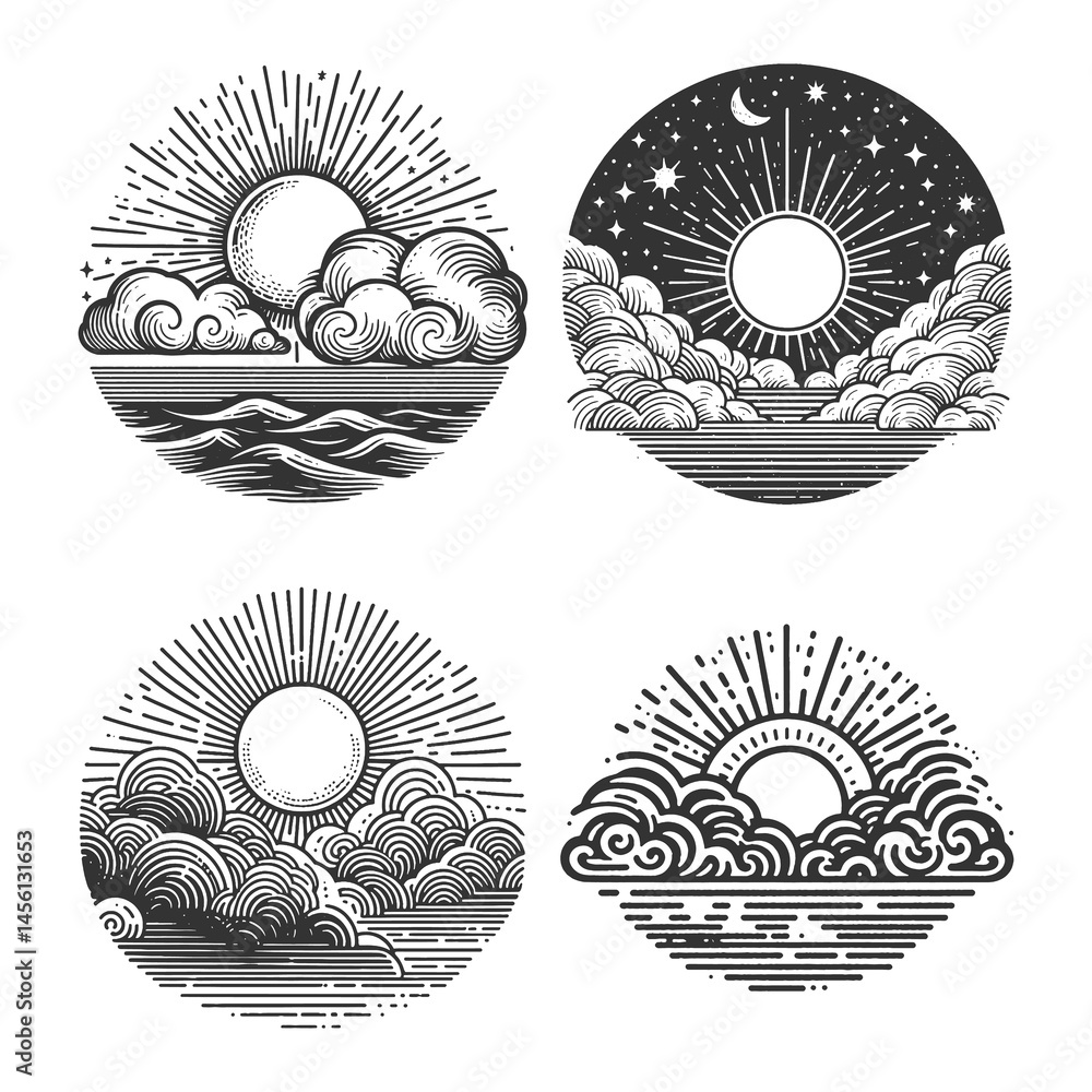 Poster sun rising and setting over clouds and ocean set collection bundle sketch engraving generative ai ra