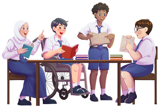 Diverse Students Studying and Learning Together Illustration