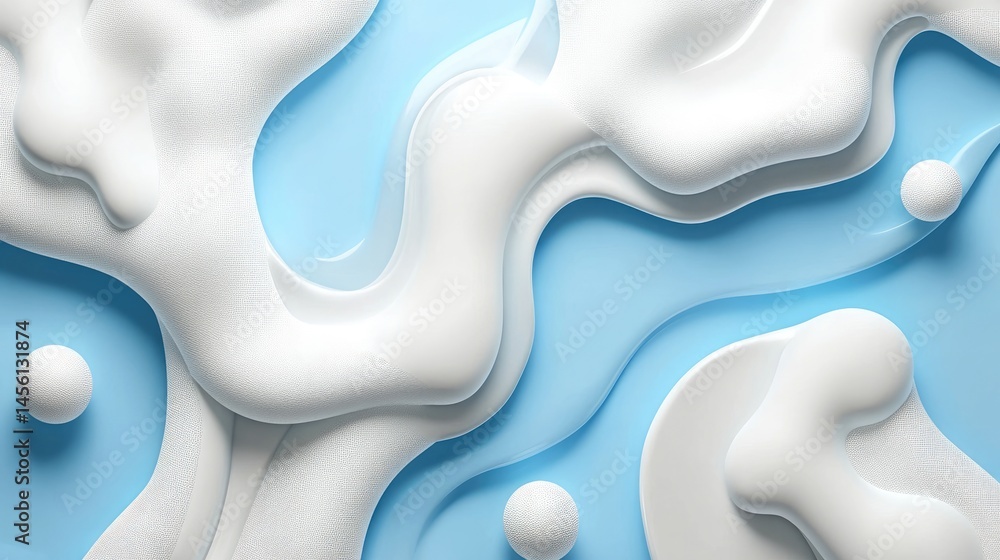 Poster light blue and white abstract medical background with floating 3d molecules and smooth curves