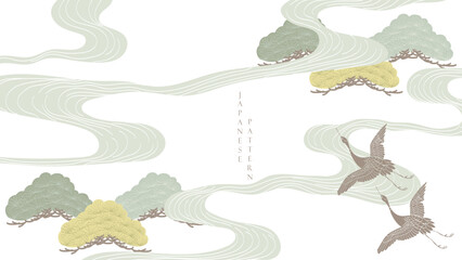 Japanese background with crane birds, line wave and bonsai tree pattern vector. Cultural art template with geometric wave pattern. Natural layout design in oriental style