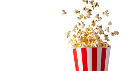 Popcorn is flying out of classic striped container, creating fun and lively scene perfect for movie nights or celebrations. vibrant colors and dynamic motion evoke excitement and joy