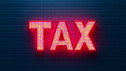 The word "TAX" is brightly illuminated in red lights against a dark, grid-patterned background.