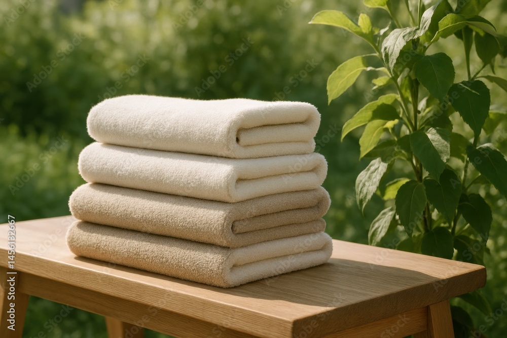 Poster Soft Towels Stacked Neatly on a Wooden Table in a Serene Outdoor Setting Surrounded by Greenery Generative AI