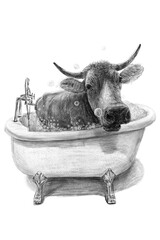 Funny Cow in Bathtub Illustration – Black and White Bathroom Wall Art, Printable Farm Animal Decor for Nursery or Guest Bathroom