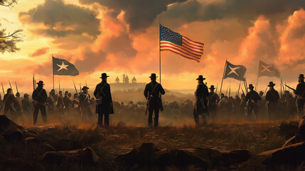 Epic Battle of Gettysburg Scene with Union and Confederate Generals Facing Off