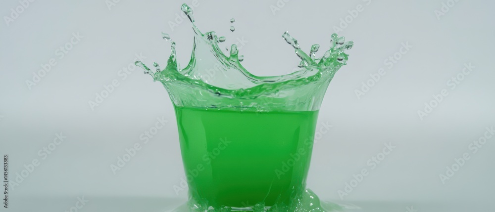 Poster refreshing green liquid splashing dynamically from a glass, creating a vibrant crownshaped splash co