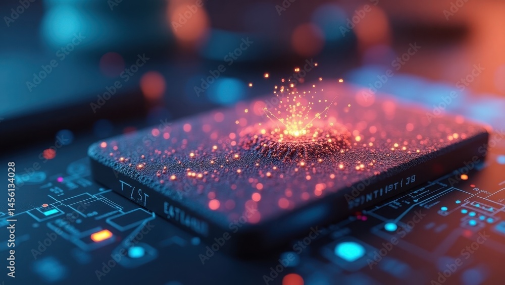 Poster futuristic microchip. high-tech glowing. digital particles. modern technology. microelectronics desi