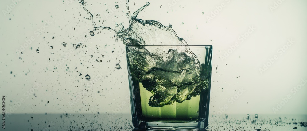 Poster refreshing drink with ice cubes splashing in a glass of water, creating dynamic water splash and mot