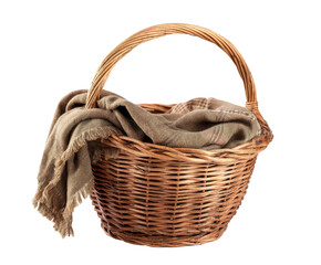Obraz premium Woven basket with linen cloth for home decoration and storage on a transparent background, cut out