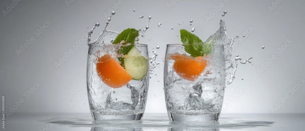 Poster refreshing citrus and cucumber infused water splashing in two clear glasses with ice and basil leave