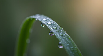 Morning Dew Drops Gleaming on a Vibrant Blade of Fresh Grass