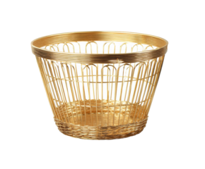 Elegant gold wire basket for home organization and decor on a transparent background, cut out