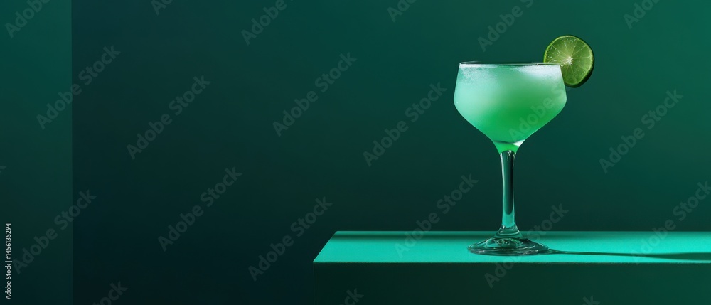 Poster refreshing green cocktail with lime garnish on a cube against a dark green background concept of sum