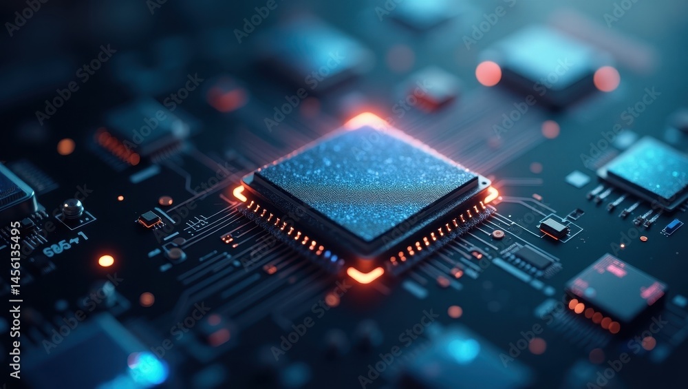 Poster closeup microchip. tech background. digital asset. electronics industry. innovation symbol. studio p
