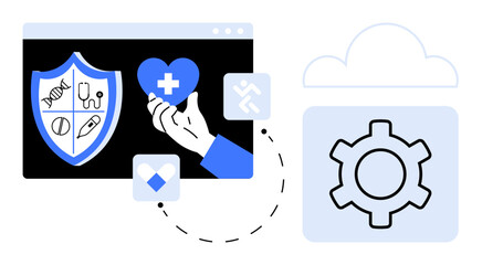 Shield with medical icons, hand holding heart with cross, gear in cloud outline. Ideal for health tech, cloud storage, innovation, insurance, security, healthcare apps simple landing page