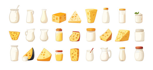 Cartoon dairy products. Cheese butter milk cream yogurt glass bottles and jars, natural organic healthy food meal vector set isolated on white background