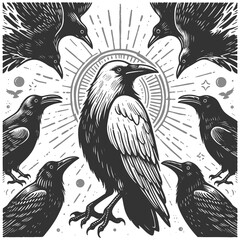 Naklejka premium rare white crow surrounded by black crows, symbolizing uniqueness, nonconformity, and standing out from the crowd sketch engraving generative ai raster illustration. Scratch board. Black and white.