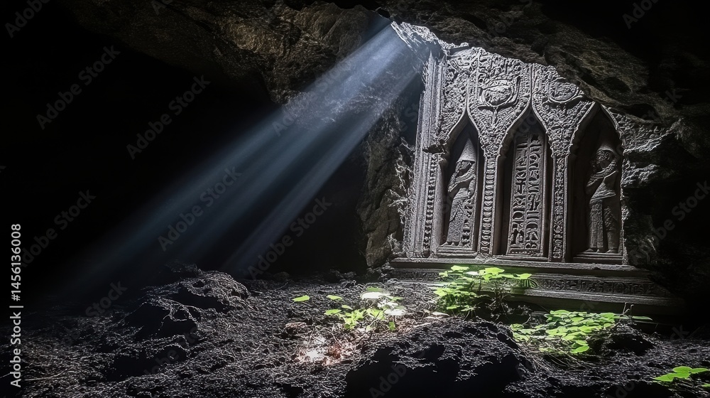 Poster majestic sunlight illuminating ancient structure within mysterious cave environment creating an eeri