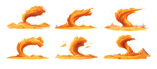 Cartoon tornado in desert. Yellow dune air twister hill sand whirlwind dust vortex funnel dangerous whirl weather, wind storm phenomenon, isolated vector illustrations