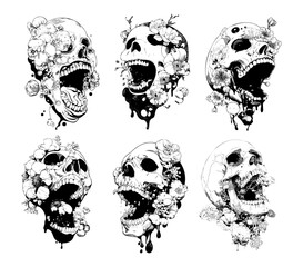 Color ink sketch skull with flower petals. Skeleton head bone sprouting plants and deceasing in plague, japan horror graphic creepy concepts for comic or manga isolated vectors on white background