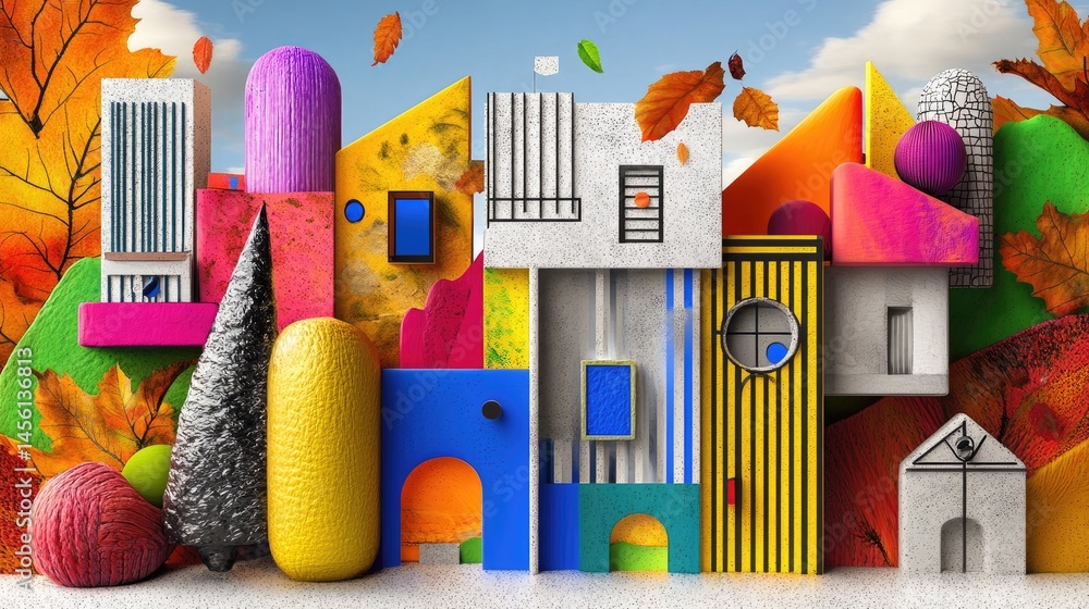 Poster hand-drawn architecture with bold fall colors and conceptual design overlay
