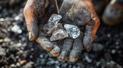 Rough Hands Holding Raw Diamonds: A Testament to Labor and Treasure