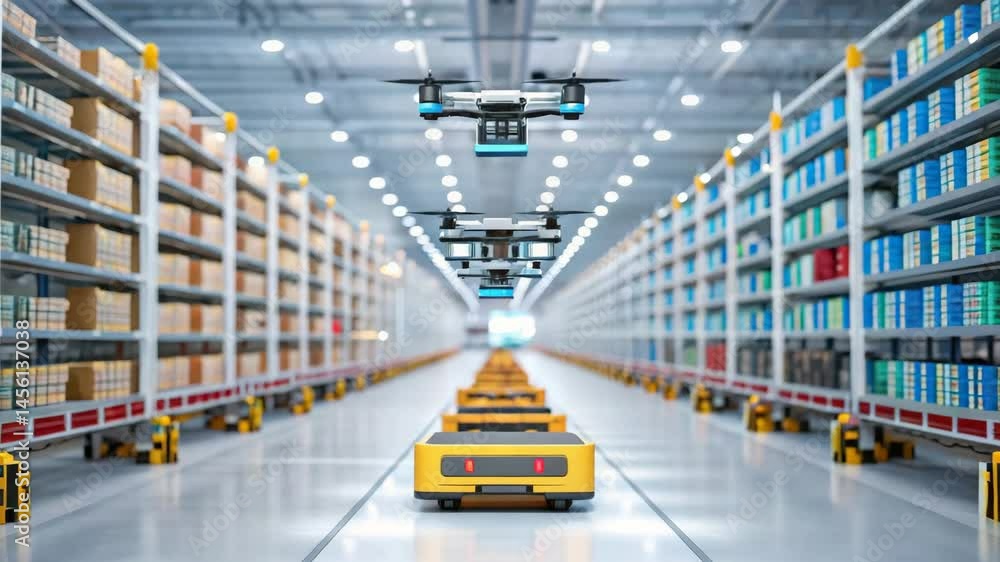 Poster a futuristic drone optimizing warehouse operations for enhanced efficiency and productivity. factory