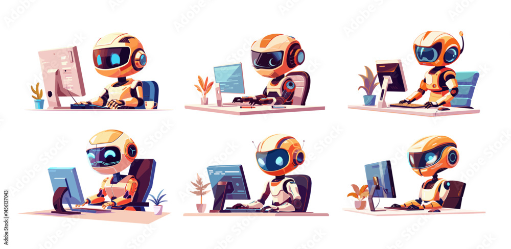 Poster robot computer working cartoon vector concepts. big eyes antennas keyboard pc smartphone cup code bo